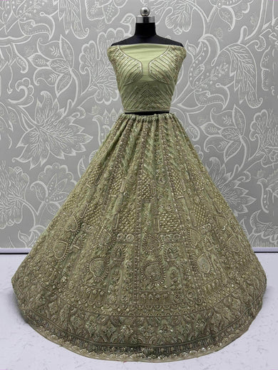 Regal Pista Green Net Thread Work Mehendi Wear Lehenga Choli